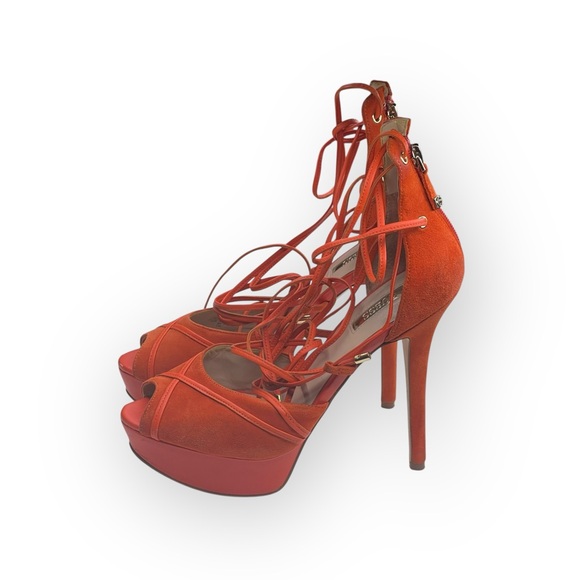 Guess ᯾ Raja Ankle Wrap Platform Stiletto Peep Toe Heels ᯾ Orange Suede ᯾ 8M - Picture 7 of 16